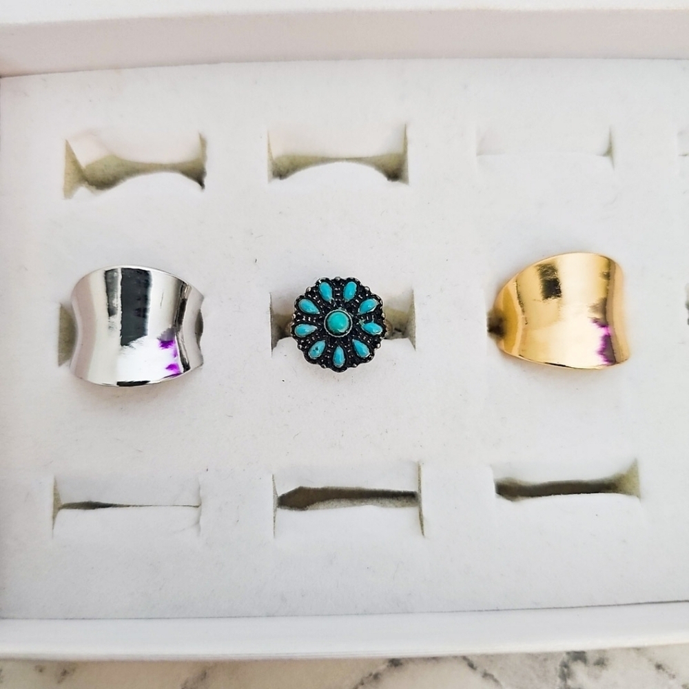 3 Pcs Adjustable Fashion Rings Gold Silver Blue Country Southern Girl